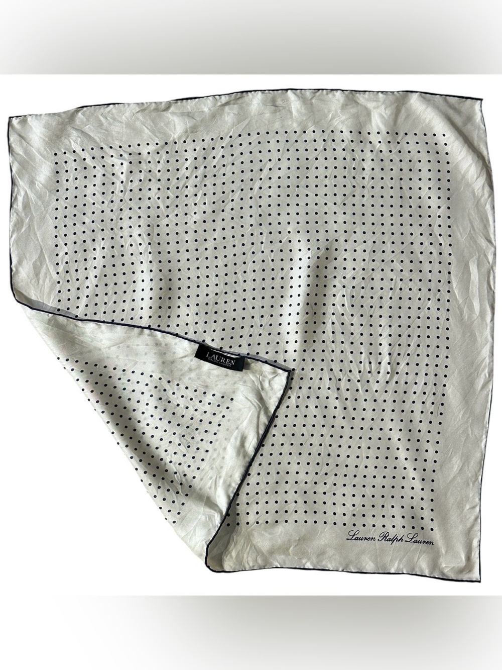 Ralph Lauren Cream and Navy Polka Dot Square Scarf  22” x 22”